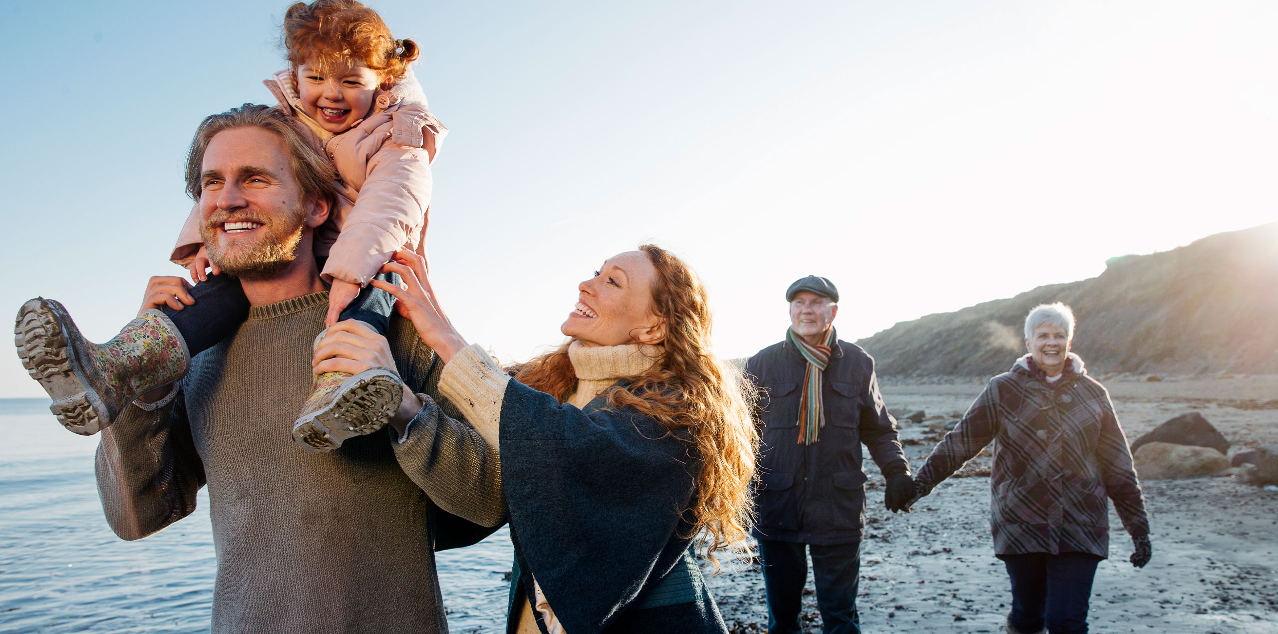 family walking on beach